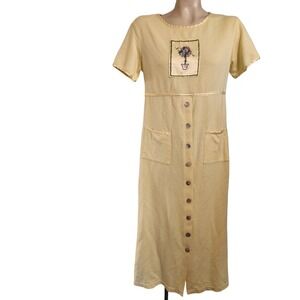 Sweet Jessie Vintage Yellow Embroidered Button Front House Dress M Cottagecore